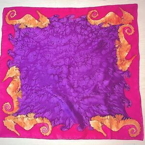 Vintage Carol Laherty hand painted silk sea horse scarf brilliant colors Hawaii